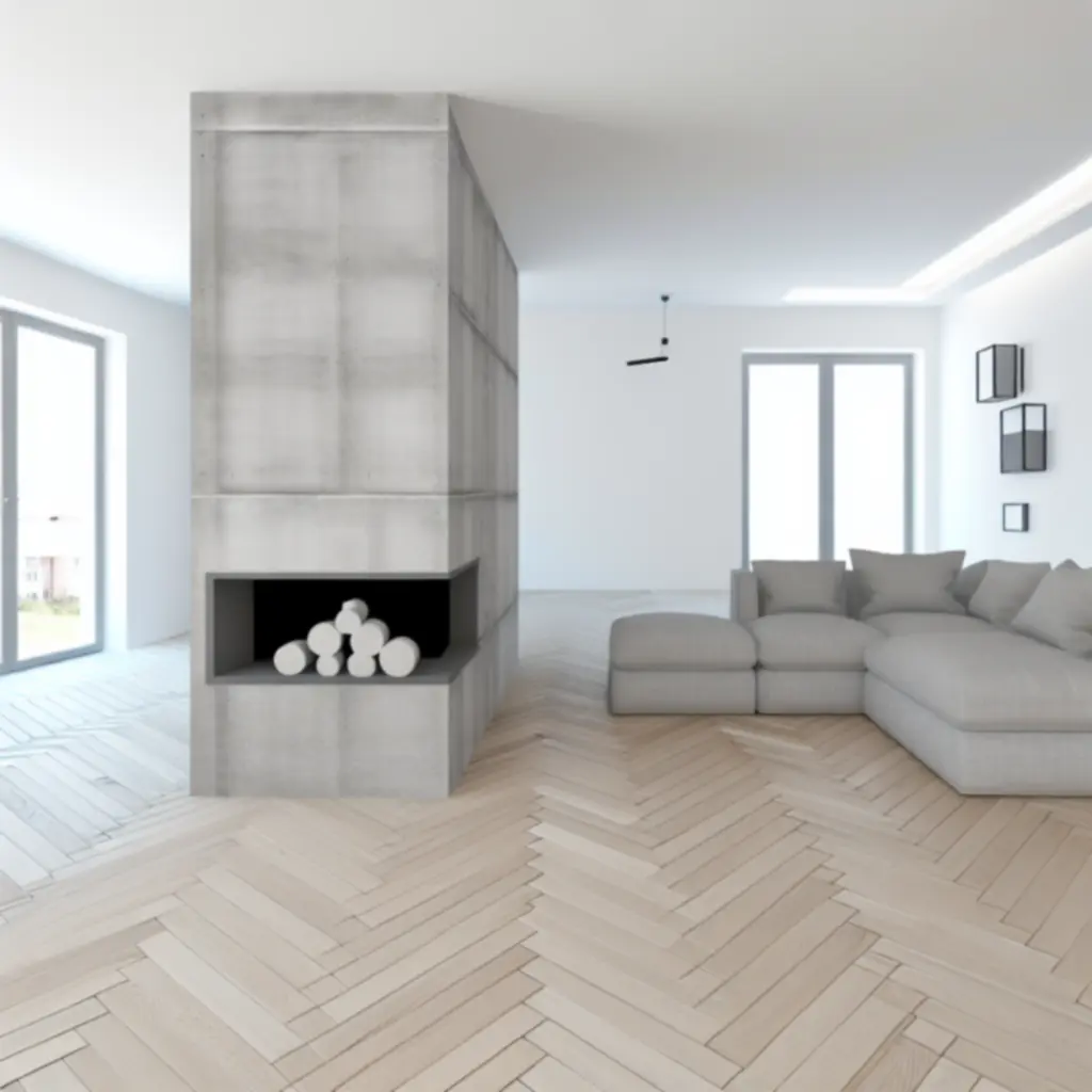 Salon z naturalnym drewnem i nowoczesnym oświetleniem